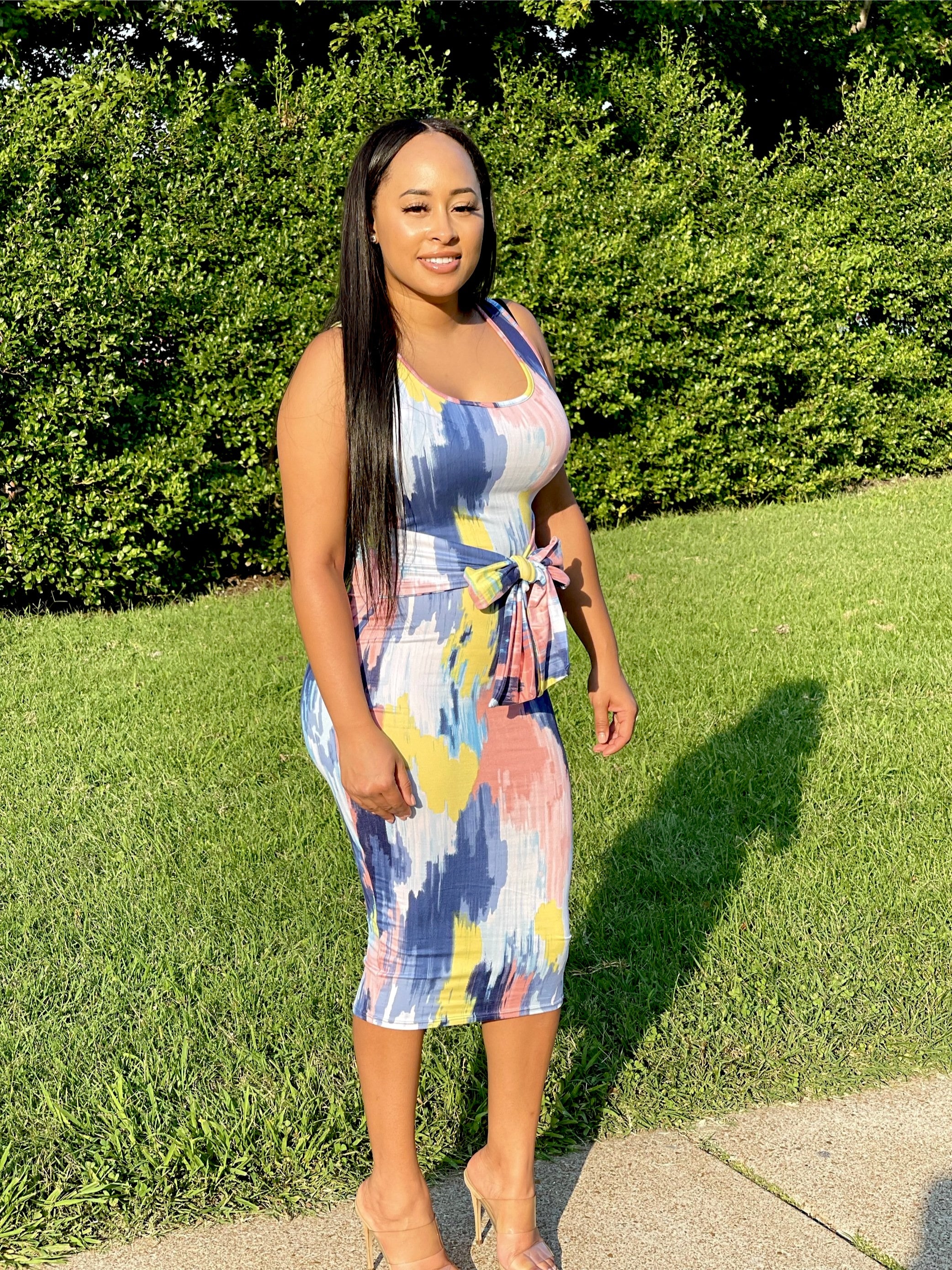 pastel abstract print tie front midi dress