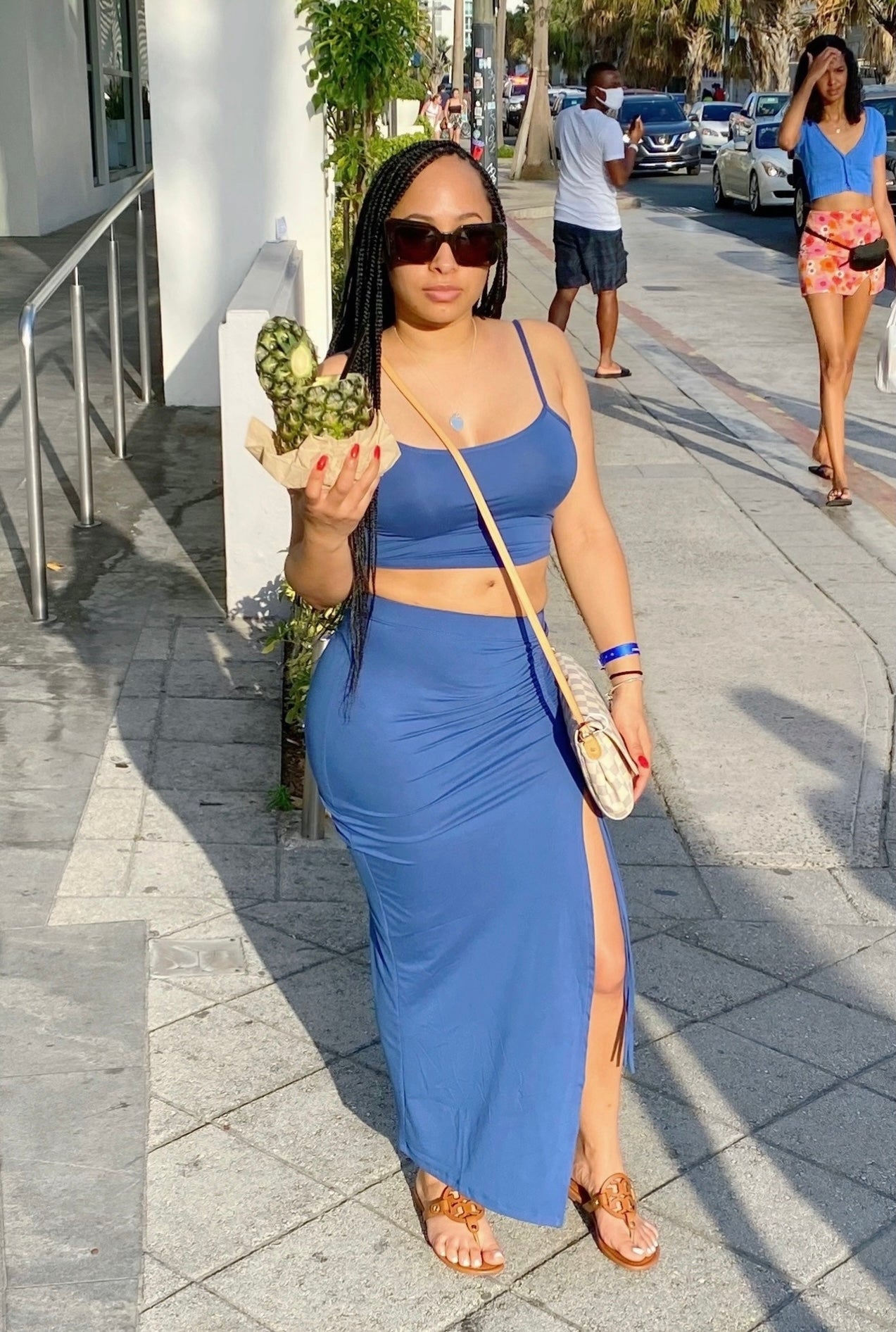 blue two piece ruched split skirt set