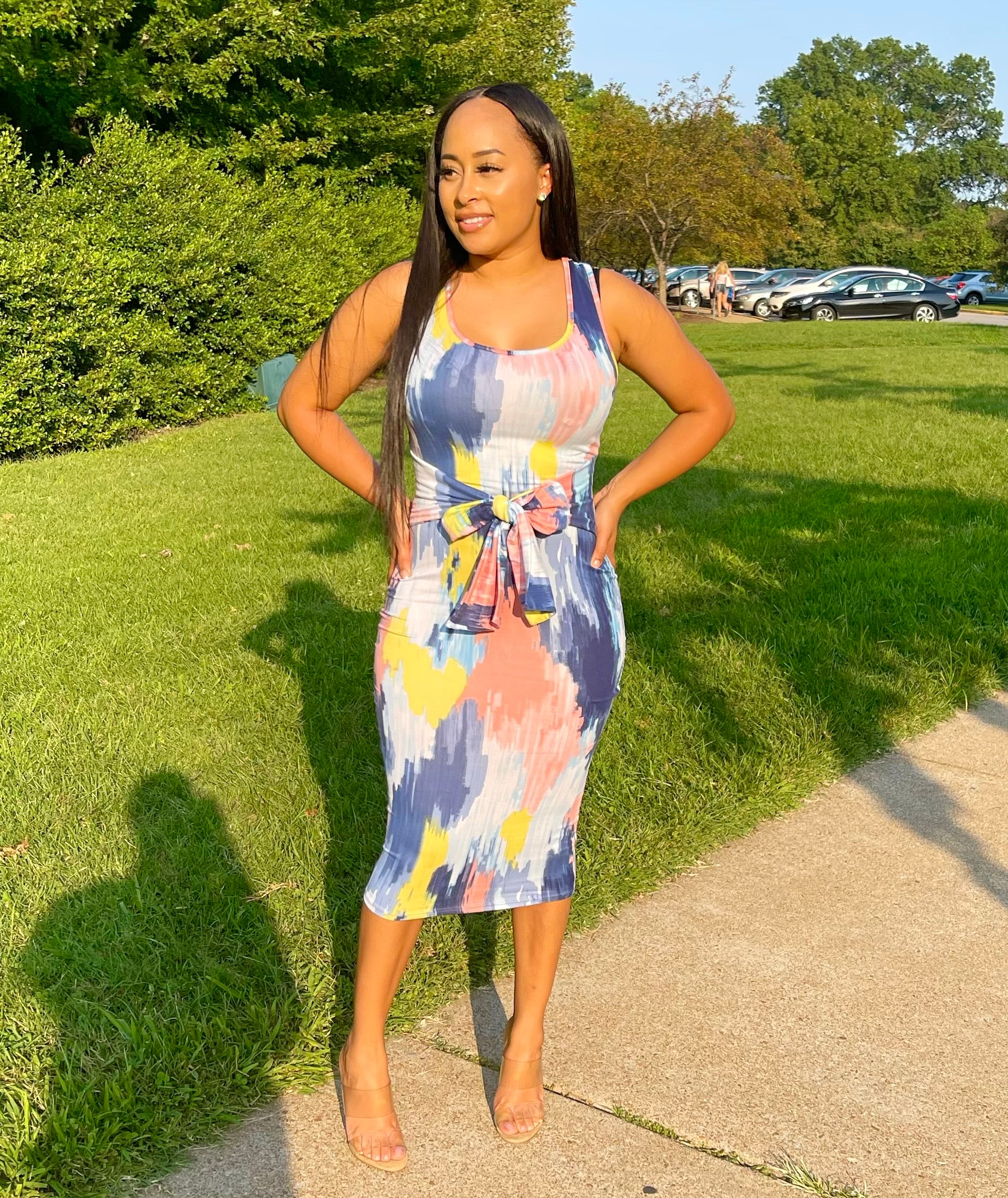 pastel abstract print tie front midi dress