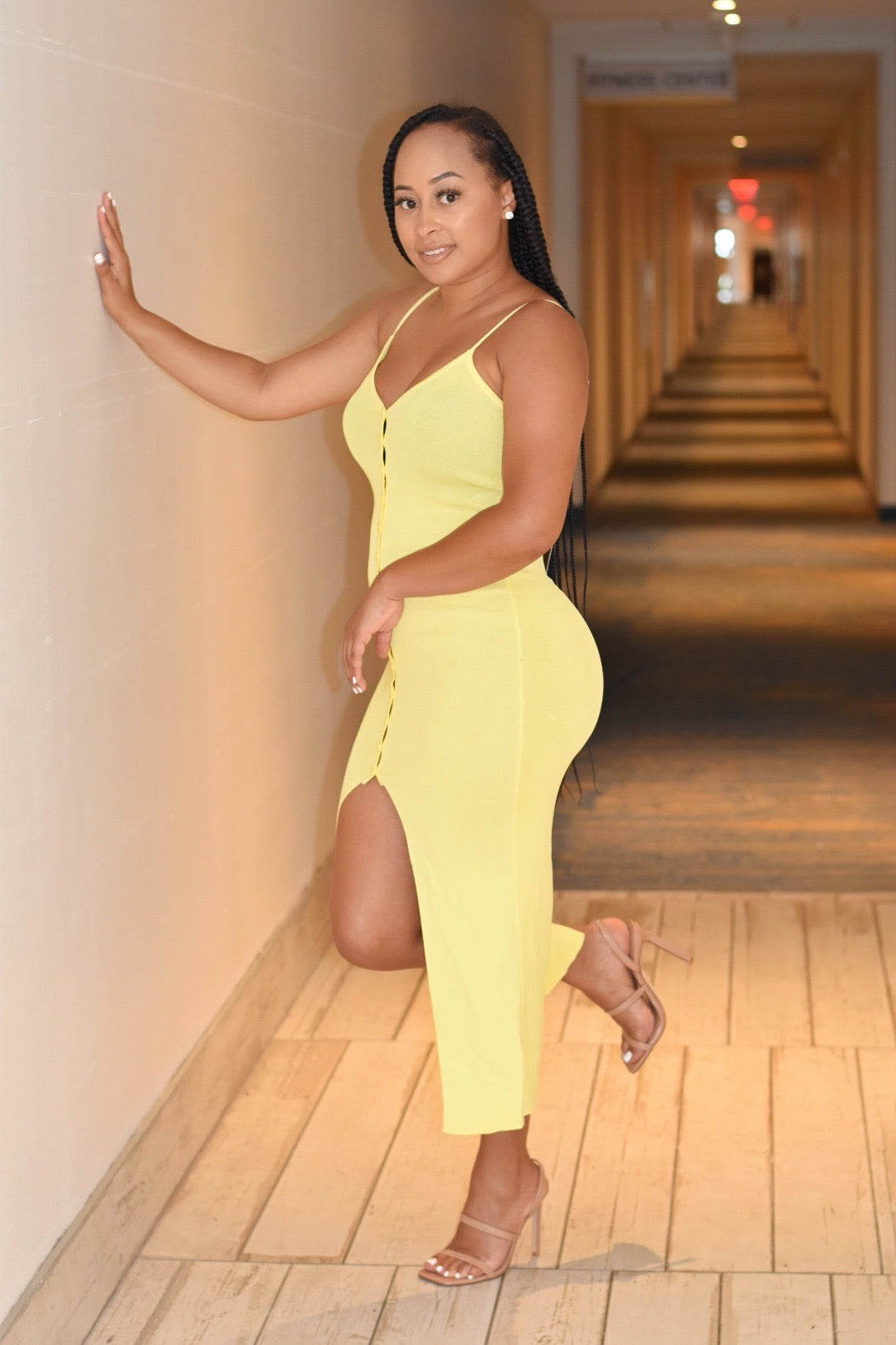 pale yellow front split button down midi dress