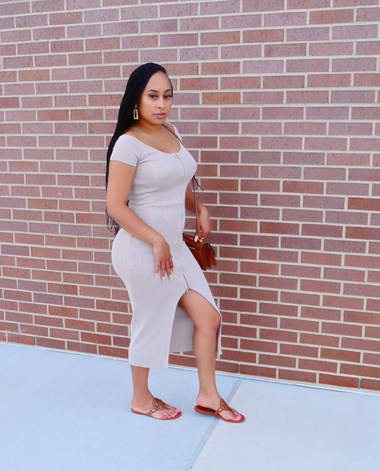 zipper front split midi dress