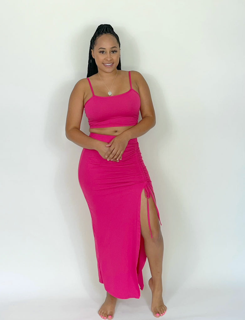 fuchsia two piece ruched side split skirt set