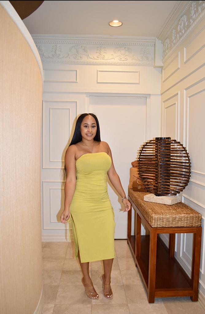 tube midi dress featuring a ruched side split